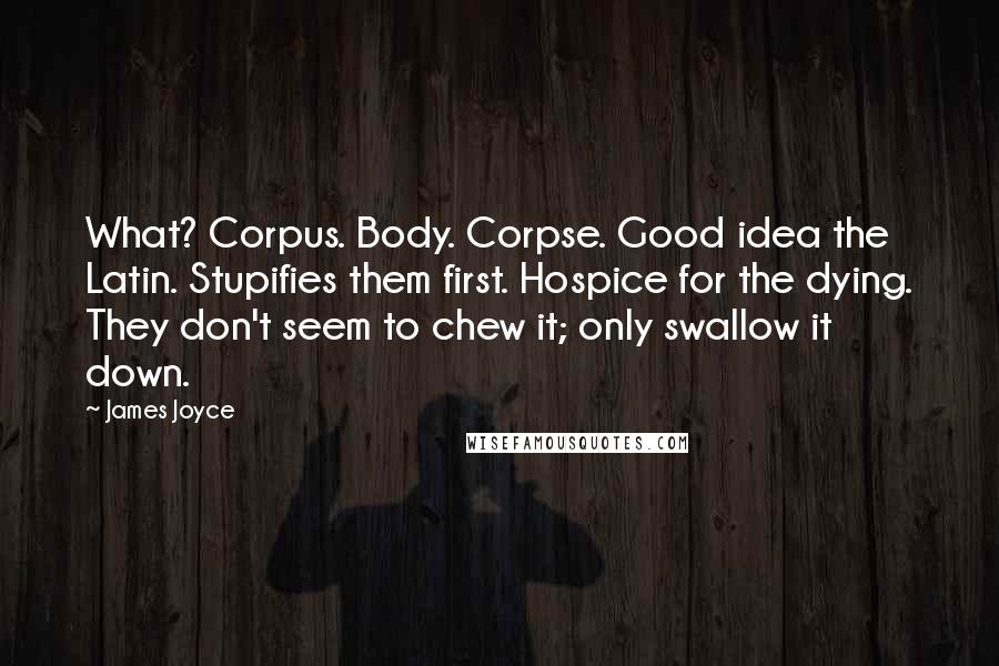 James Joyce Quotes: What? Corpus. Body. Corpse. Good idea the Latin. Stupifies them first. Hospice for the dying. They don't seem to chew it; only swallow it down.