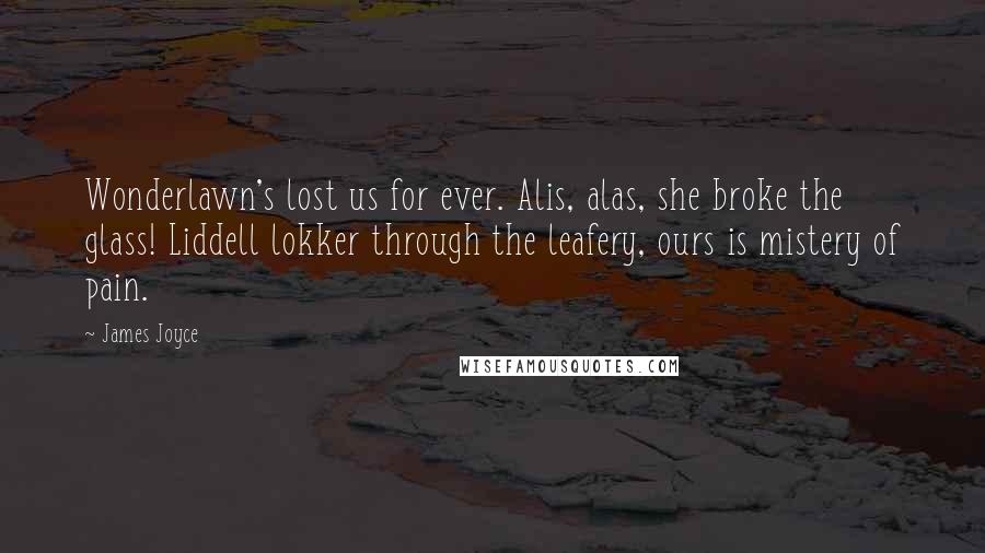 James Joyce Quotes: Wonderlawn's lost us for ever. Alis, alas, she broke the glass! Liddell lokker through the leafery, ours is mistery of pain.