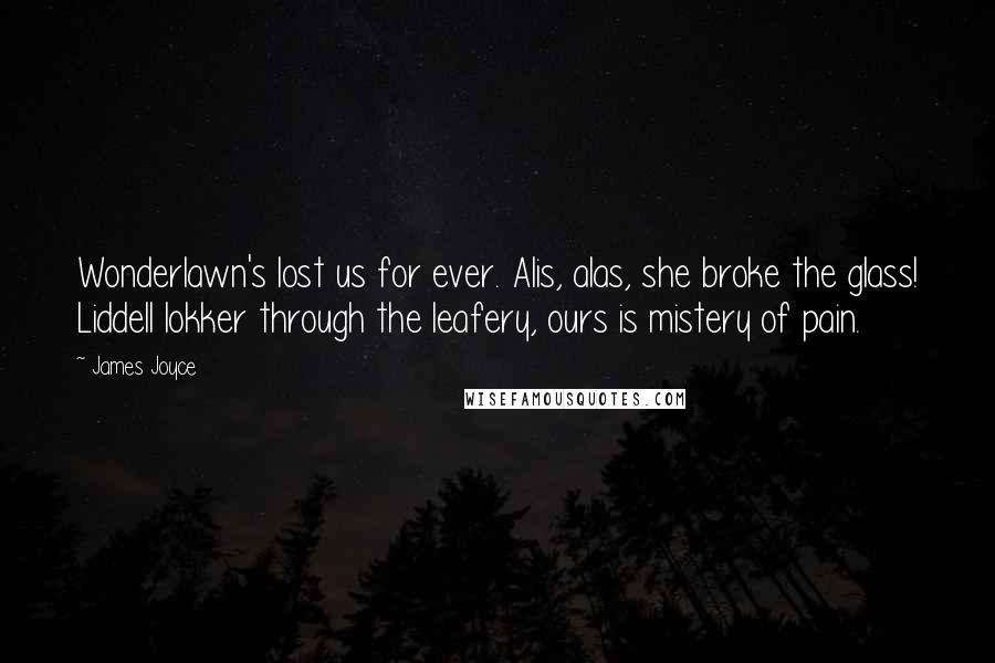 James Joyce Quotes: Wonderlawn's lost us for ever. Alis, alas, she broke the glass! Liddell lokker through the leafery, ours is mistery of pain.