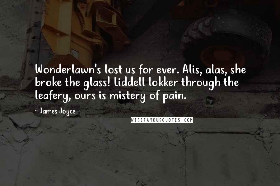 James Joyce Quotes: Wonderlawn's lost us for ever. Alis, alas, she broke the glass! Liddell lokker through the leafery, ours is mistery of pain.