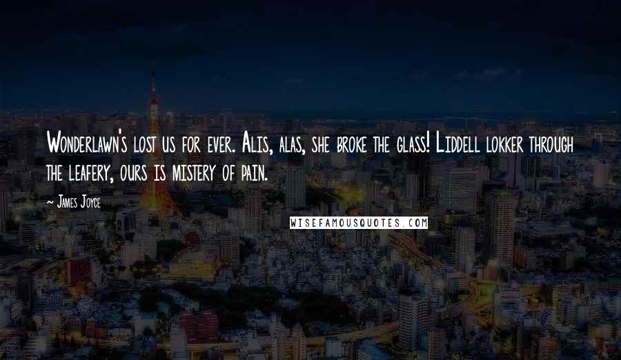 James Joyce Quotes: Wonderlawn's lost us for ever. Alis, alas, she broke the glass! Liddell lokker through the leafery, ours is mistery of pain.