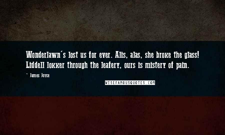 James Joyce Quotes: Wonderlawn's lost us for ever. Alis, alas, she broke the glass! Liddell lokker through the leafery, ours is mistery of pain.