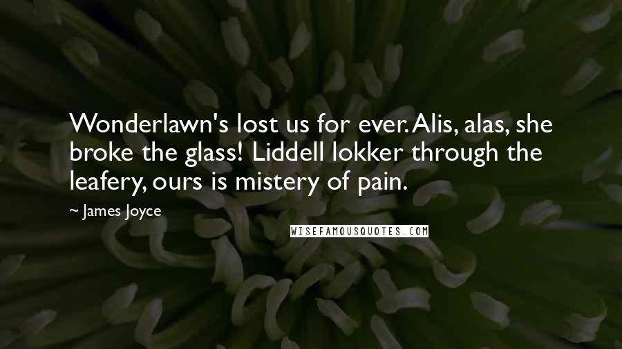 James Joyce Quotes: Wonderlawn's lost us for ever. Alis, alas, she broke the glass! Liddell lokker through the leafery, ours is mistery of pain.