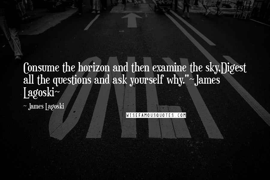 James Lagoski Quotes: Consume the horizon and then examine the sky,Digest all the questions and ask yourself why."~James Lagoski~