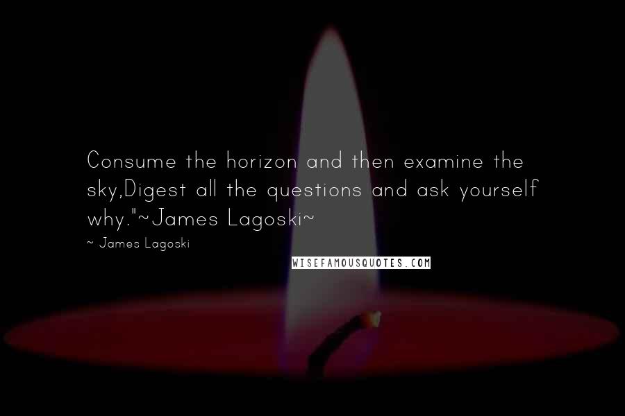James Lagoski Quotes: Consume the horizon and then examine the sky,Digest all the questions and ask yourself why."~James Lagoski~