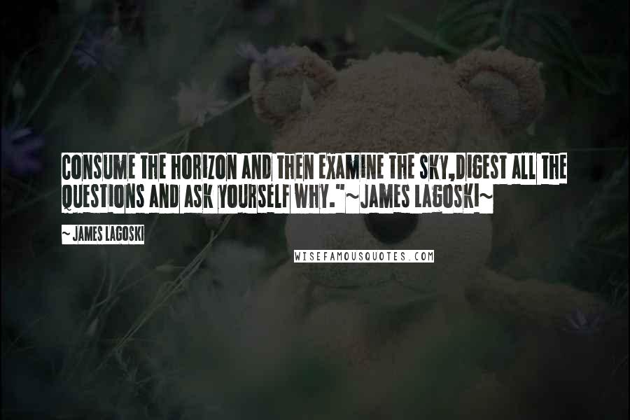 James Lagoski Quotes: Consume the horizon and then examine the sky,Digest all the questions and ask yourself why."~James Lagoski~