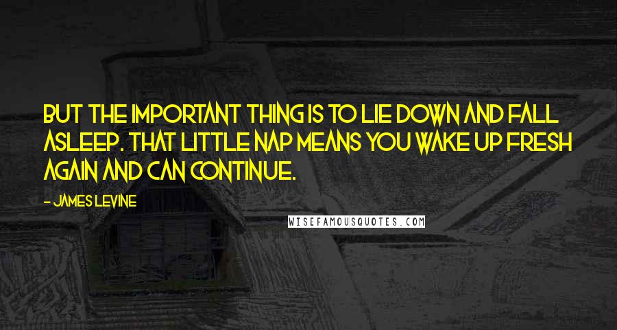 James Levine Quotes: But the important thing is to lie down and fall asleep. That little nap means you wake up fresh again and can continue.