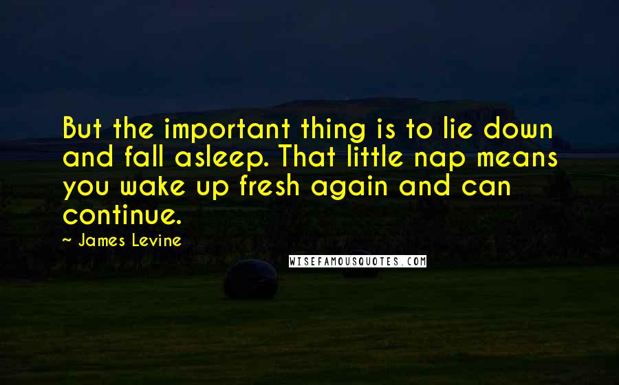 James Levine Quotes: But the important thing is to lie down and fall asleep. That little nap means you wake up fresh again and can continue.