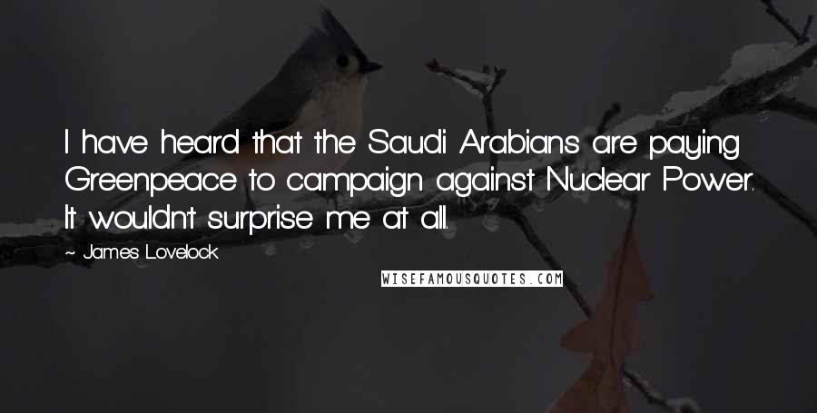 James Lovelock Quotes: I have heard that the Saudi Arabians are paying Greenpeace to campaign against Nuclear Power. It wouldn't surprise me at all.