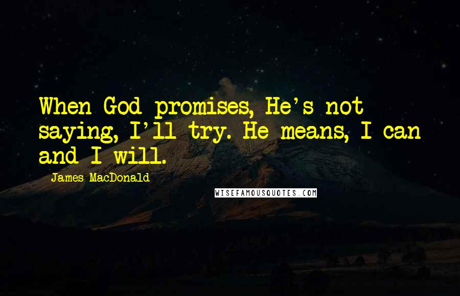 James MacDonald Quotes: When God promises, He's not saying, I'll try. He means, I can and I will.