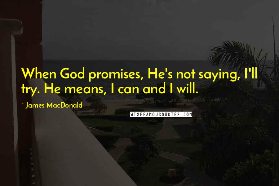 James MacDonald Quotes: When God promises, He's not saying, I'll try. He means, I can and I will.