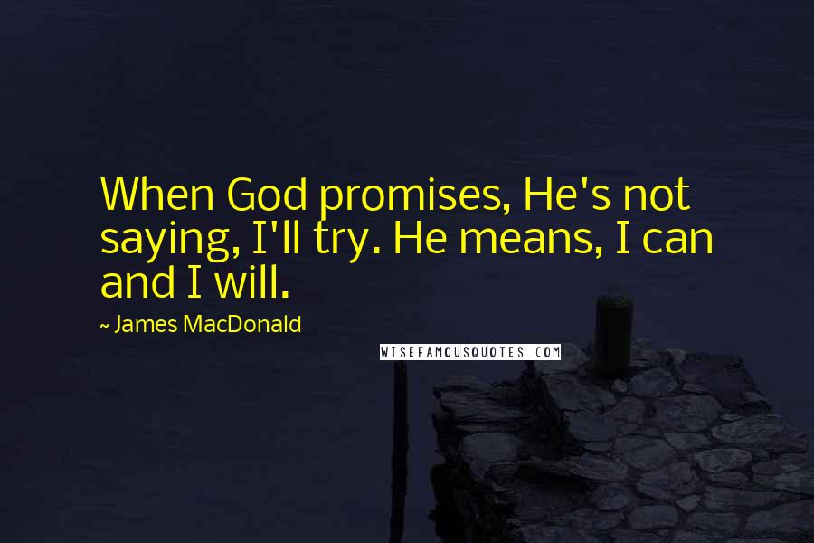 James MacDonald Quotes: When God promises, He's not saying, I'll try. He means, I can and I will.