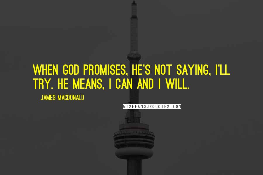 James MacDonald Quotes: When God promises, He's not saying, I'll try. He means, I can and I will.