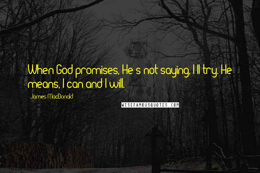 James MacDonald Quotes: When God promises, He's not saying, I'll try. He means, I can and I will.