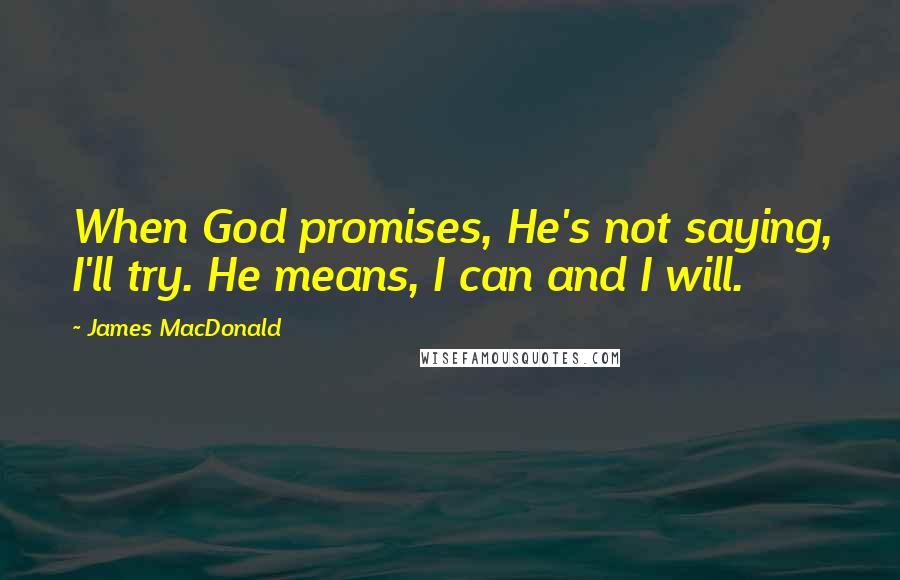 James MacDonald Quotes: When God promises, He's not saying, I'll try. He means, I can and I will.