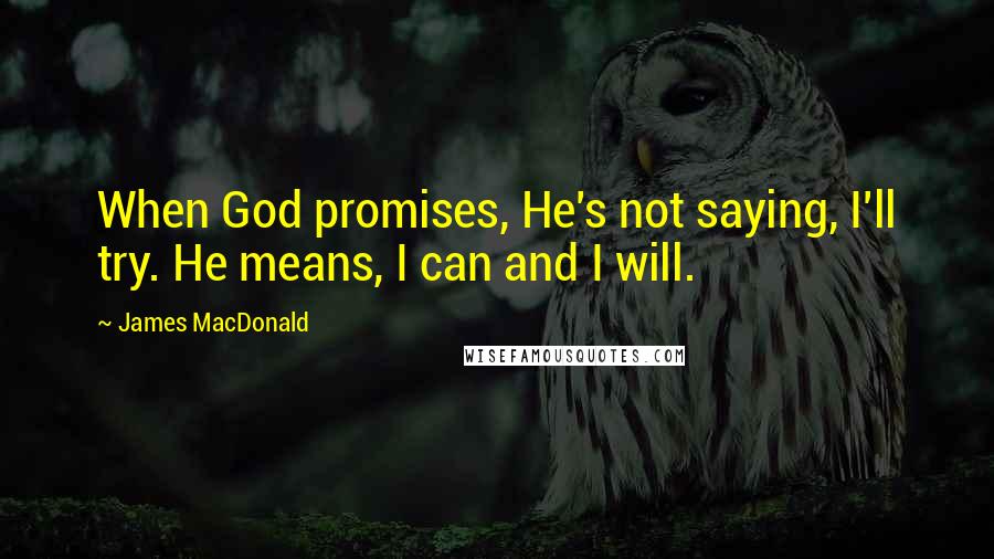 James MacDonald Quotes: When God promises, He's not saying, I'll try. He means, I can and I will.