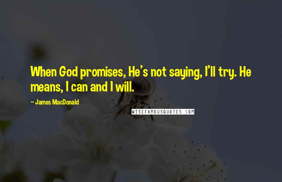 James MacDonald Quotes: When God promises, He's not saying, I'll try. He means, I can and I will.