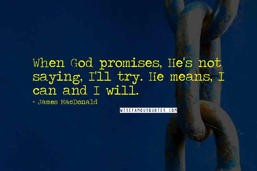 James MacDonald Quotes: When God promises, He's not saying, I'll try. He means, I can and I will.