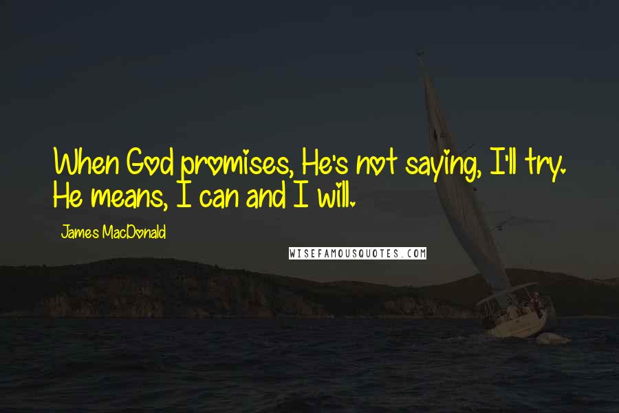 James MacDonald Quotes: When God promises, He's not saying, I'll try. He means, I can and I will.