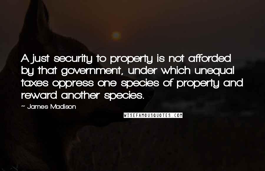 James Madison Quotes: A just security to property is not afforded by that government, under which unequal taxes oppress one species of property and reward another species.