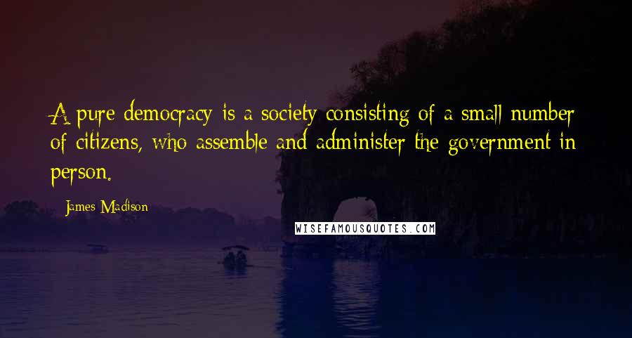 James Madison Quotes: A pure democracy is a society consisting of a small number of citizens, who assemble and administer the government in person.