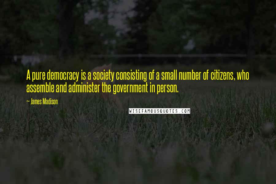 James Madison Quotes: A pure democracy is a society consisting of a small number of citizens, who assemble and administer the government in person.