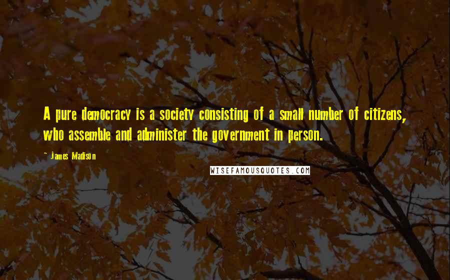 James Madison Quotes: A pure democracy is a society consisting of a small number of citizens, who assemble and administer the government in person.