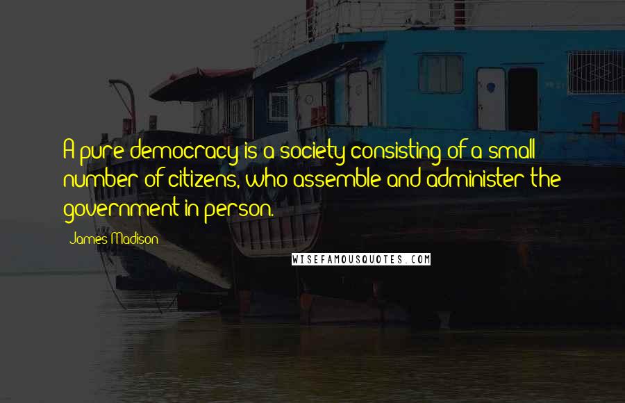 James Madison Quotes: A pure democracy is a society consisting of a small number of citizens, who assemble and administer the government in person.