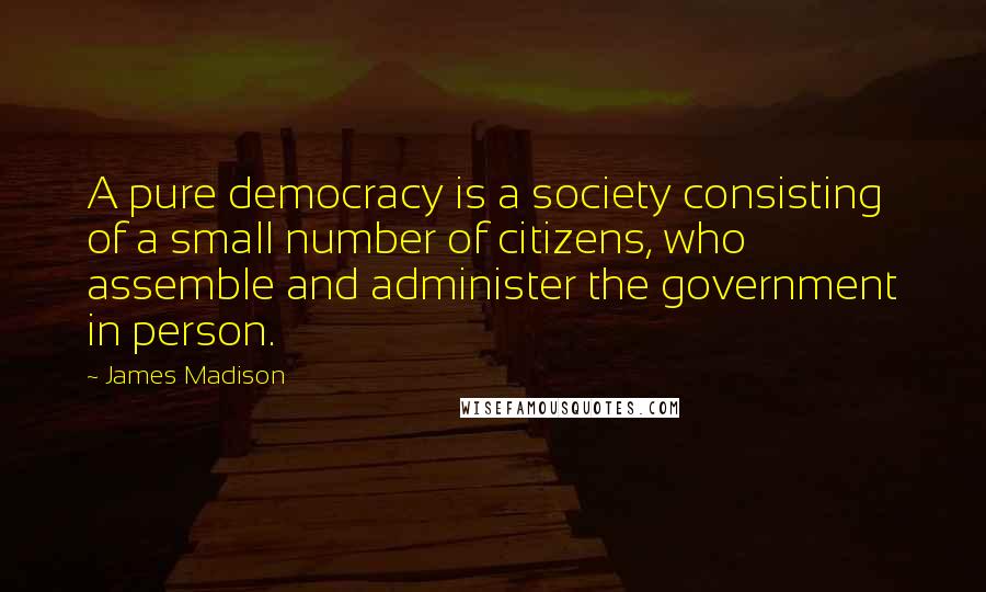 James Madison Quotes: A pure democracy is a society consisting of a small number of citizens, who assemble and administer the government in person.