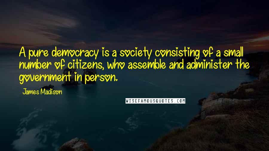 James Madison Quotes: A pure democracy is a society consisting of a small number of citizens, who assemble and administer the government in person.