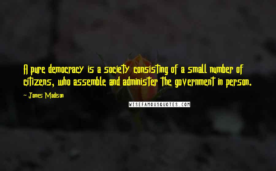 James Madison Quotes: A pure democracy is a society consisting of a small number of citizens, who assemble and administer the government in person.