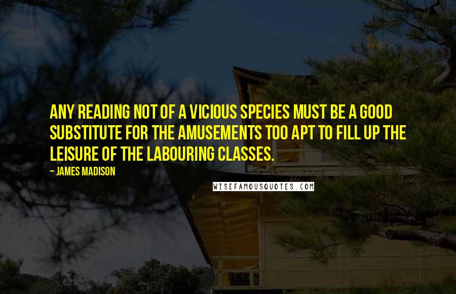 James Madison Quotes: Any reading not of a vicious species must be a good substitute for the amusements too apt to fill up the leisure of the labouring classes.