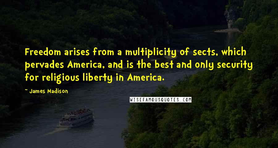 James Madison Quotes: Freedom arises from a multiplicity of sects, which pervades America, and is the best and only security for religious liberty in America.