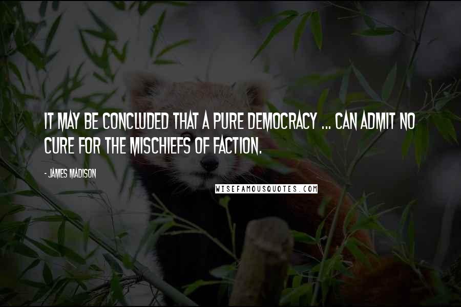 James Madison Quotes: It may be concluded that a pure democracy ... can admit no cure for the mischiefs of faction.