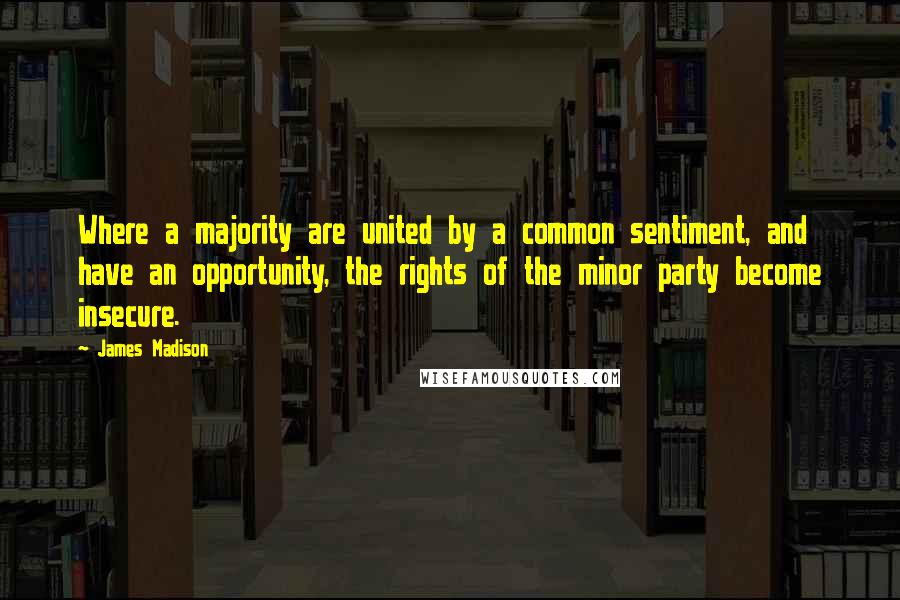 James Madison Quotes: Where a majority are united by a common sentiment, and have an opportunity, the rights of the minor party become insecure.