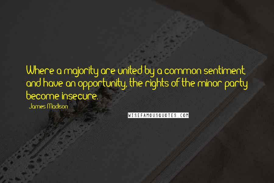 James Madison Quotes: Where a majority are united by a common sentiment, and have an opportunity, the rights of the minor party become insecure.