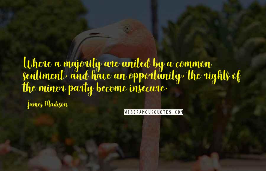 James Madison Quotes: Where a majority are united by a common sentiment, and have an opportunity, the rights of the minor party become insecure.