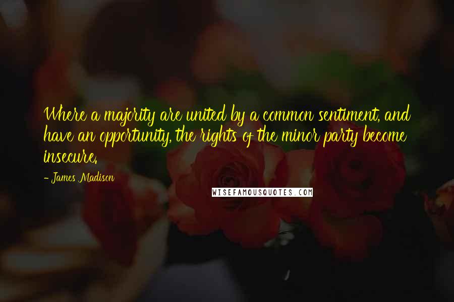 James Madison Quotes: Where a majority are united by a common sentiment, and have an opportunity, the rights of the minor party become insecure.