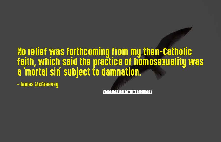 James McGreevey Quotes: No relief was forthcoming from my then-Catholic faith, which said the practice of homosexuality was a 'mortal sin' subject to damnation.