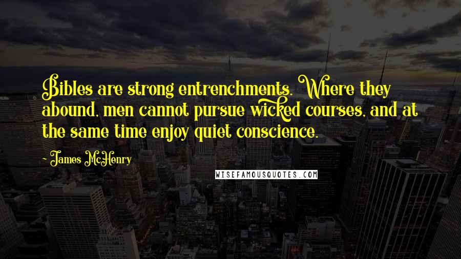 James McHenry Quotes: Bibles are strong entrenchments. Where they abound, men cannot pursue wicked courses, and at the same time enjoy quiet conscience.