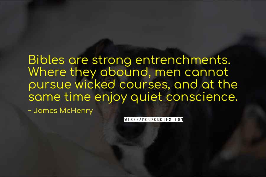 James McHenry Quotes: Bibles are strong entrenchments. Where they abound, men cannot pursue wicked courses, and at the same time enjoy quiet conscience.