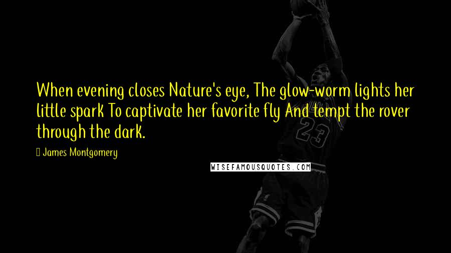 James Montgomery Quotes: When evening closes Nature's eye, The glow-worm lights her little spark To captivate her favorite fly And tempt the rover through the dark.