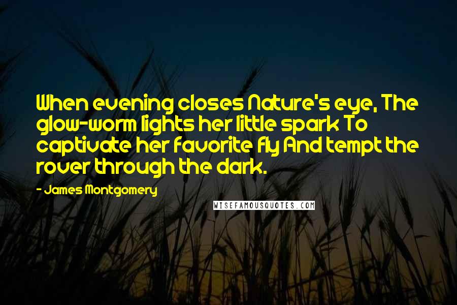 James Montgomery Quotes: When evening closes Nature's eye, The glow-worm lights her little spark To captivate her favorite fly And tempt the rover through the dark.