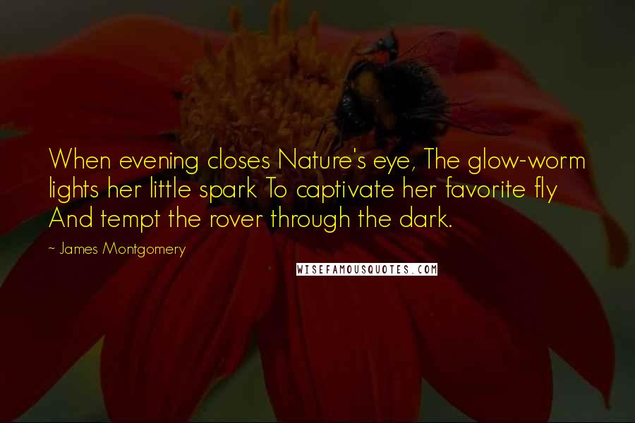 James Montgomery Quotes: When evening closes Nature's eye, The glow-worm lights her little spark To captivate her favorite fly And tempt the rover through the dark.