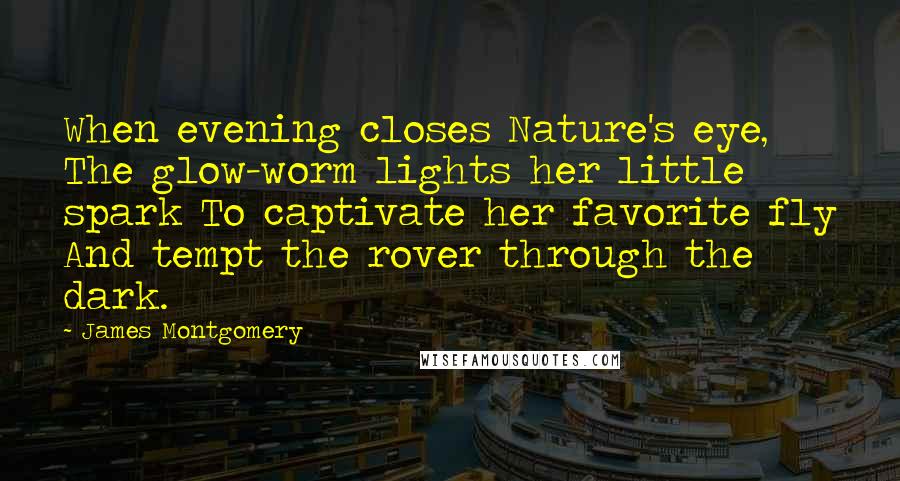 James Montgomery Quotes: When evening closes Nature's eye, The glow-worm lights her little spark To captivate her favorite fly And tempt the rover through the dark.