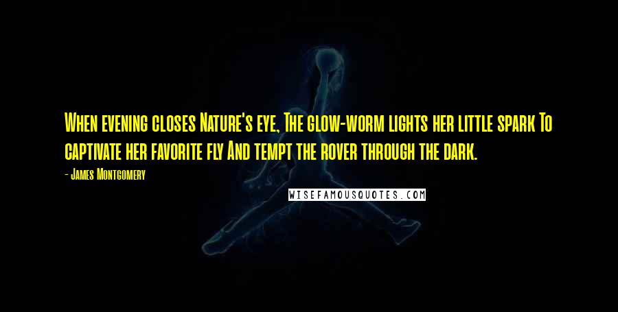 James Montgomery Quotes: When evening closes Nature's eye, The glow-worm lights her little spark To captivate her favorite fly And tempt the rover through the dark.