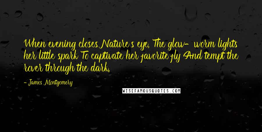 James Montgomery Quotes: When evening closes Nature's eye, The glow-worm lights her little spark To captivate her favorite fly And tempt the rover through the dark.