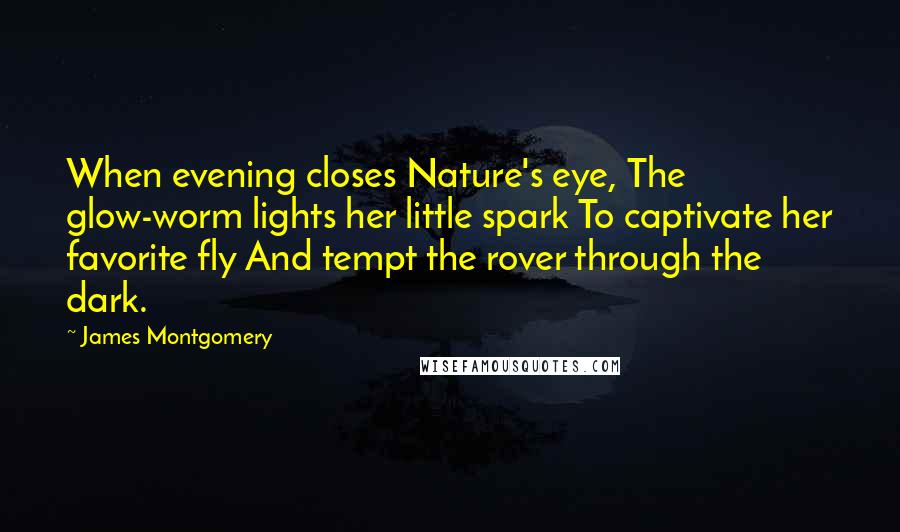 James Montgomery Quotes: When evening closes Nature's eye, The glow-worm lights her little spark To captivate her favorite fly And tempt the rover through the dark.