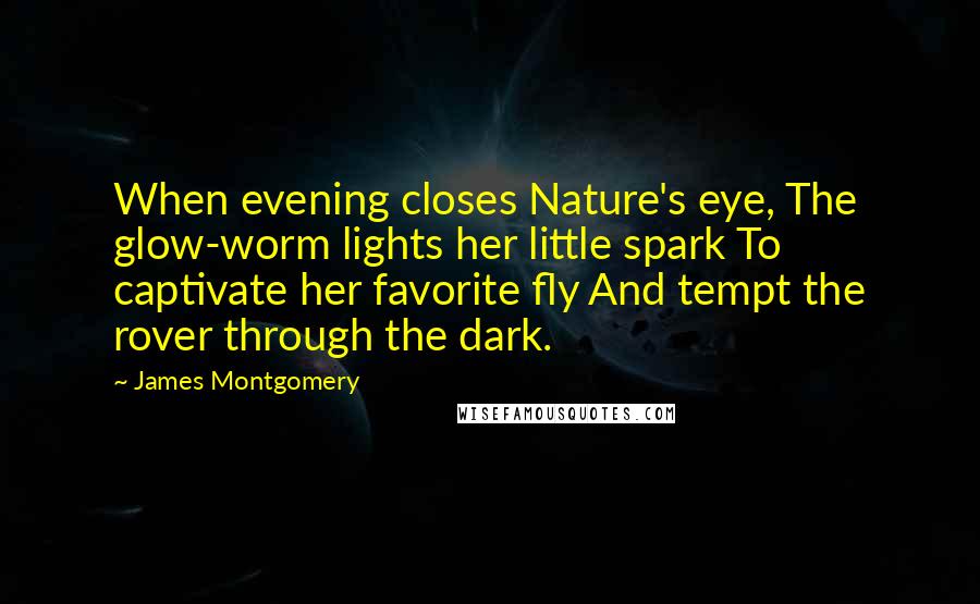 James Montgomery Quotes: When evening closes Nature's eye, The glow-worm lights her little spark To captivate her favorite fly And tempt the rover through the dark.