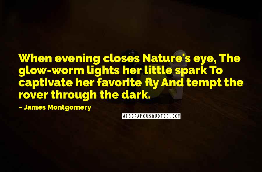 James Montgomery Quotes: When evening closes Nature's eye, The glow-worm lights her little spark To captivate her favorite fly And tempt the rover through the dark.